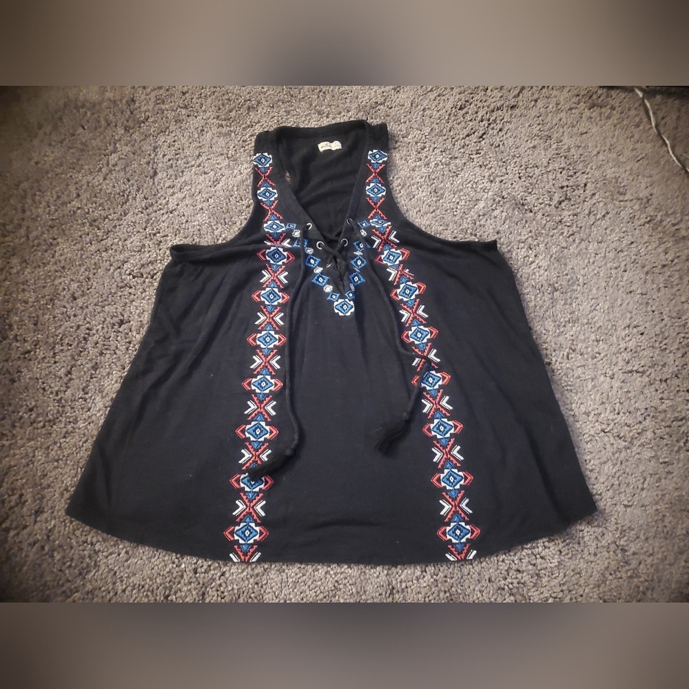 Hollister Navy Tank Top with Blue and Pink Embroidery